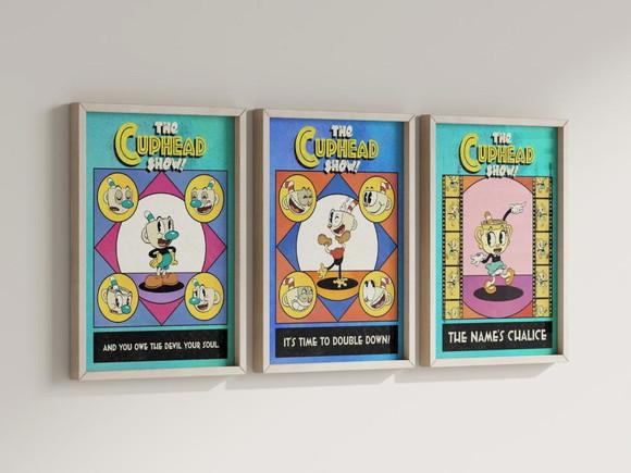Kit 3 Quadros Decorativos Moldura Cuphead Decoração Gamer