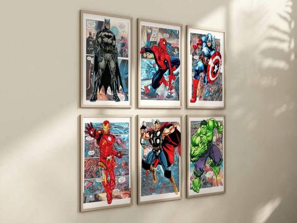 Kit 6 Quadros Decorativos Moldura Super-heróis Quadrinhos A4