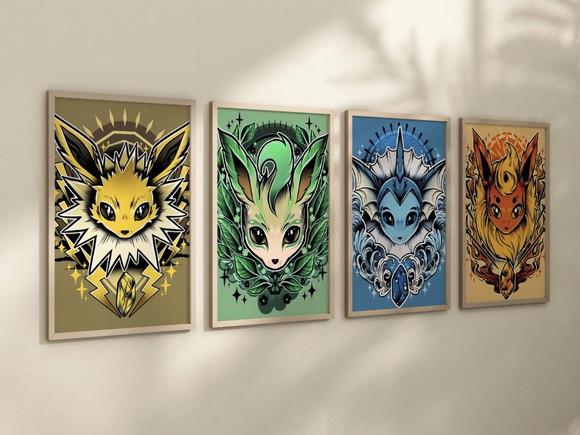 Kit 4 Quadros Decorativos Moldura Pokémon Flareon A4