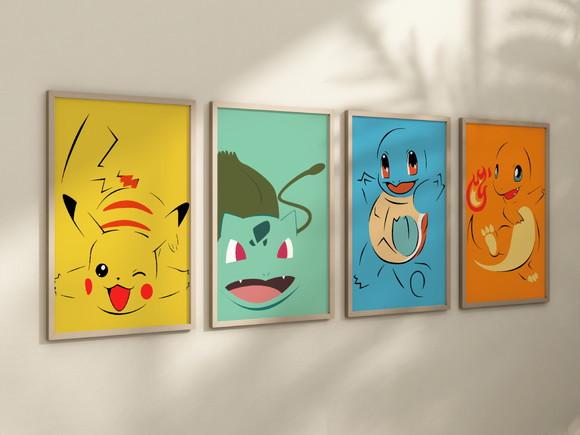 Kit 4 Quadros Decorativos Moldura Pokémon Decorar A4