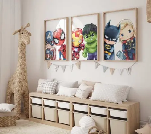 Kit 3 Quadros Decorativos Moldura Super-heróis Baby 34x44