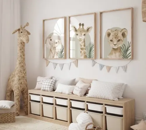 Kit 3 Quadros Decorativos Moldura Bebe Safari Animal A3