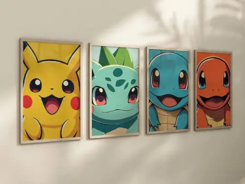 Kit 4 Quadros Decorativos Moldura Pokémon Arte Premium