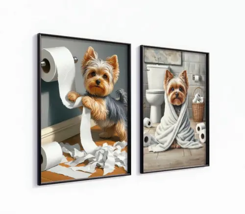Kit 2 Quadros Decorativo Moldura Cachorro Banheiro B
