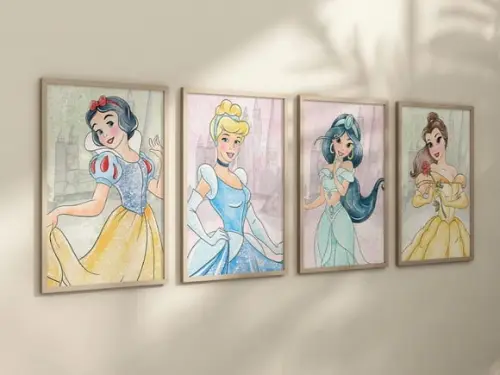 Kit 4 Quadros Decorativos Moldura Princesas A4