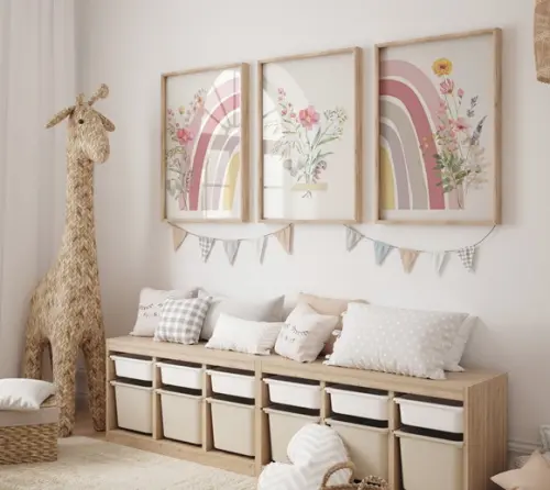 Kit 3 Quadros Boho Flores Arco-iris Quarto Infantil A3