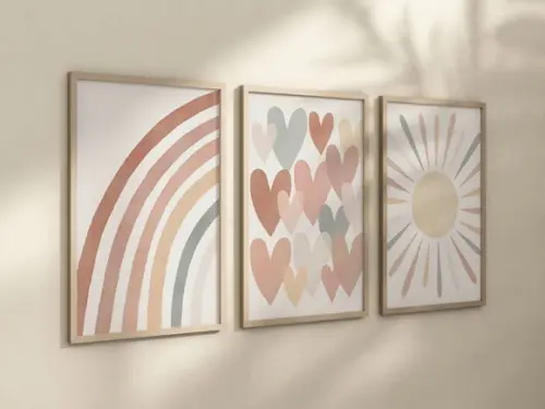 Kit 3 Quadros Boho Arco-iris Coração Sol Infantil Decora