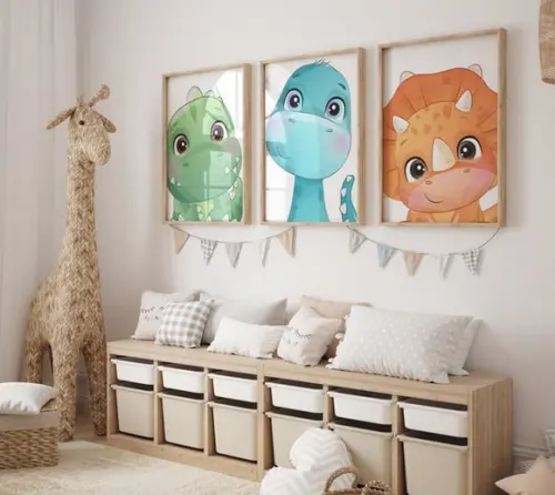 Kit 3 Quadros Decorativos Moldura Dinossauro Baby Grande A3