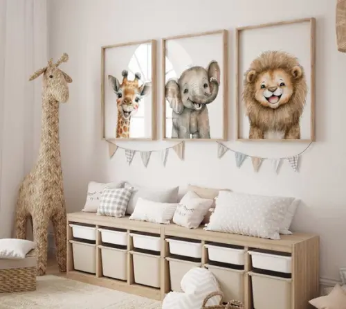 Kit 3 Quadros Safari Infantil Girafa Elefante Leão A3 34x44