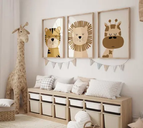 Kit 3 Quadros Decorativos Moldura Bebe Safari Animal Boho A3