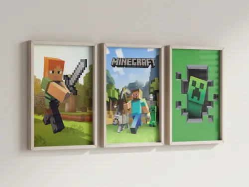 Kit 3 Quadros Decorativos Moldura Minecraft Decoração