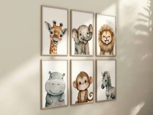 Kit 6 Quadros Decorativos Moldura Safari Infantil