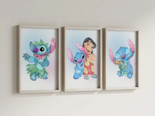 Kit 3 Quadros Decorativo Moldura Lilo Stitch Decorar