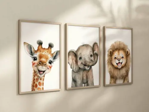 Kit 3 Quadros Moldura Safari Infantil Girafa Elefante Leão