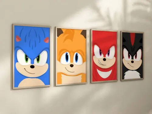 Kit 4 Quadros c/ Moldura Sonic Personagens Minimalista Arte