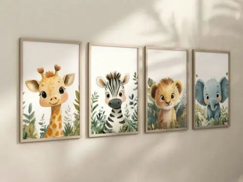 Kit 4 Quadros Decorativos Moldura Safari Infantil A4 24x34