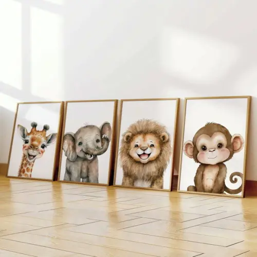 Kit 4 Quadros Decorativos Bebe Safari Animal Feliz A3