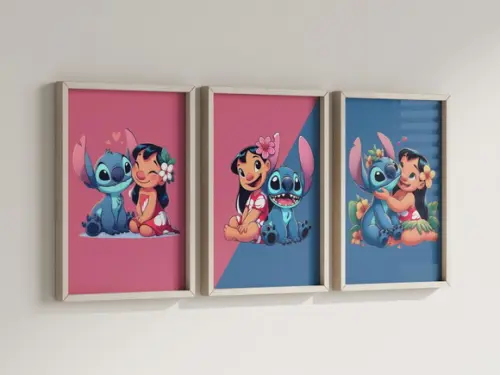 Kit 3 Quadros Decorativo Moldura Lilo Stitch Decorar B