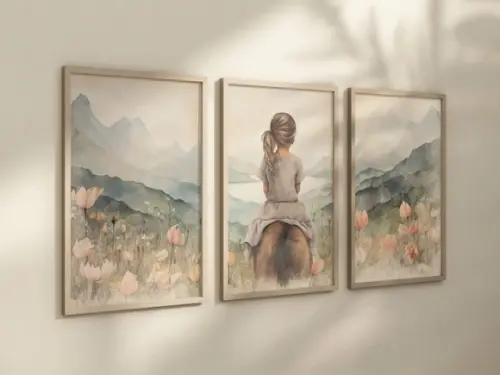 Kit 3 Quadros Decorativo Menina Aventureira Cavalo Arte V