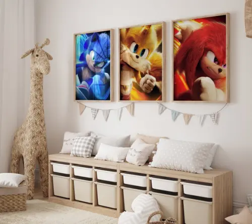 Kit 3 Quadros Decorativo Moldura Sonic Tails Knuckles Grande