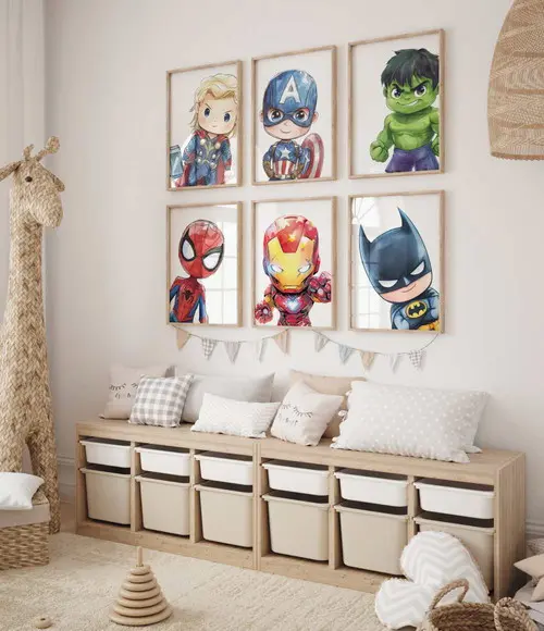 Kit 6 Quadros Decorativos Moldura Super-heróis Baby 34x44