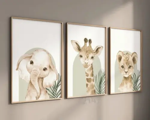 Kit 3 Quadros Decorativos Moldura Bebe Safari Animal Feliz D