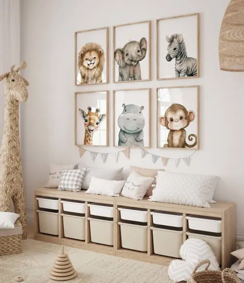 Kit 6 Quadros Decorativos Moldura Safari Infantil A3 B
