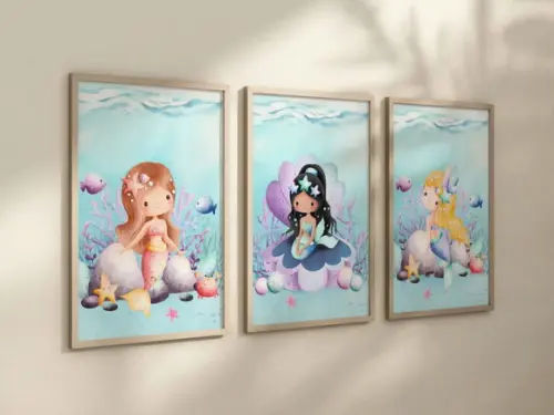 Kit 3 Quadros Decorativo Sereia Menina Infantil