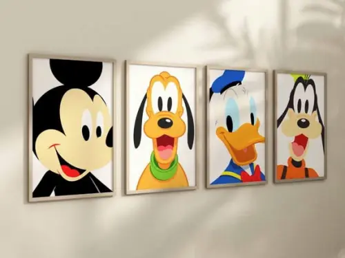 Kit 4 Quadros Decorativos Moldura Mickey Pluto Donald Pateta