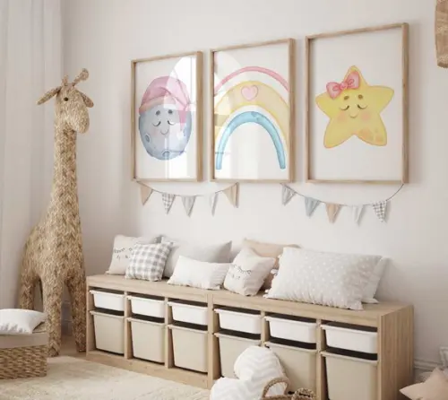 Kit 3 Quadros Boho Lua Arco Íris Estrela Infantil Menina A3