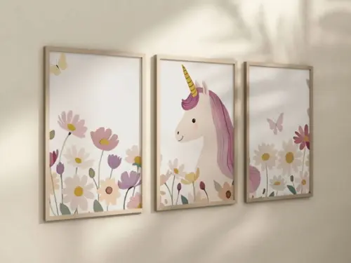 Kit 3 Quadros Decorativos Moldura Unicórnio Infantil Decorar