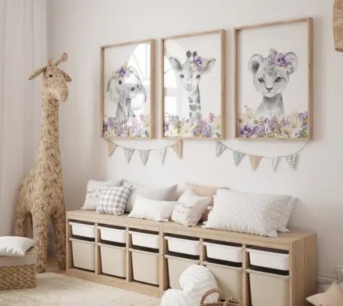 Kit 3 Quadros Decorativos Moldura Bebe Safari Menina A3
