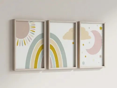 Kit 3 Quadros Boho Sol Lua Arco-iris Infantil Decorar