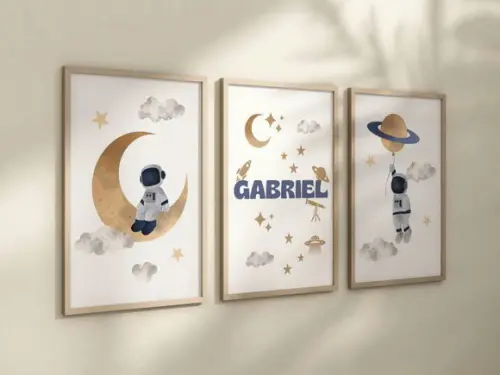 Kit 3 Quadros Decorativo Moldura Astronauta Infantil Persona