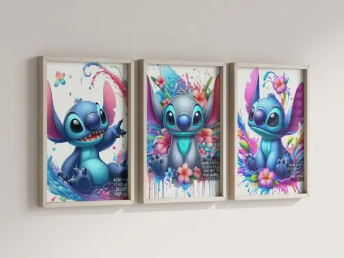 Kit 3 Quadros Decorativo Moldura Lilo Stitch Aquarela