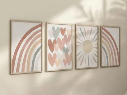 Kit 4 Quadros Boho Arco-iris Coração Sol Infantil Decora
