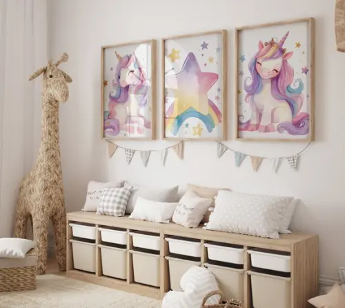 Kit 3 Quadros Decorativos Moldura Unicórnio Infantil A3