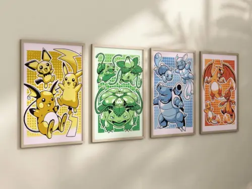 Kit 4 Quadros Decorativos Moldura Pokémon Evolução A4