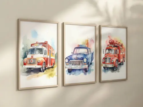 Kit 3 Quadros Carrinho Ambulância Polícia Bombeiro Infantil