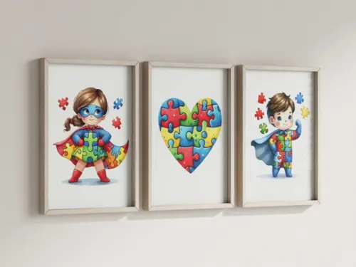 Kit 3 Quadros Decorativos Moldura Autismo Menino Menina
