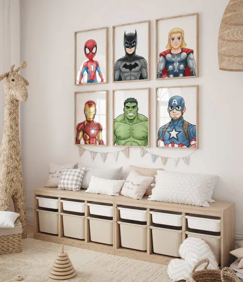 Kit 6 Quadros Decorativos Moldura Super-herói Menino A3