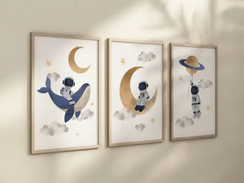 Kit 3 Quadros Decorativo Moldura Astronauta Infantil B