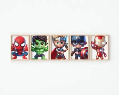Kit 5 Quadros Decorativos Moldura Super-heróis Baby Premium