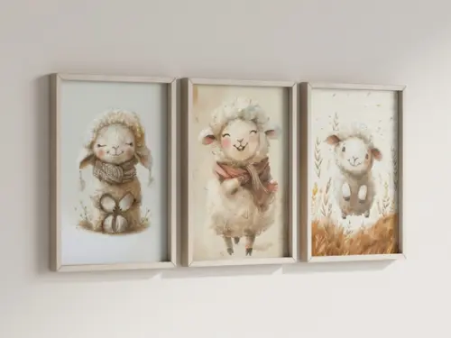 Kit 3 Quadros Decorativo Moldura Ovelha Fofo Maternidade