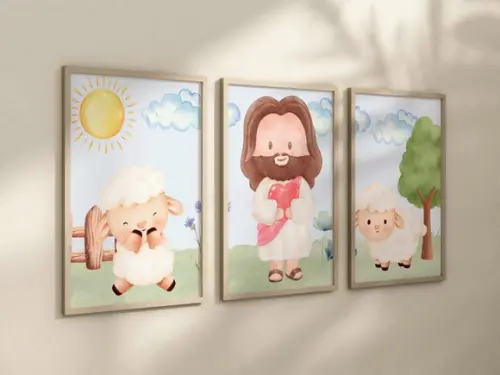 Kit 3 Quadros Decorativo Jesus Mini Berçário A4 24x34