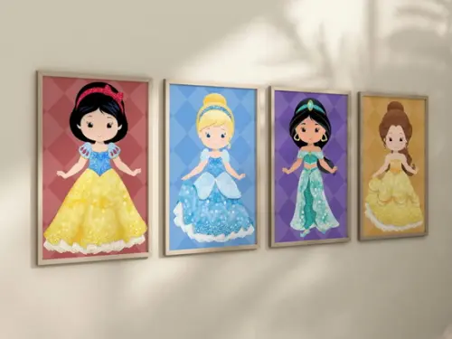Kit 4 Quadros Decorativos Moldura Princesas A4