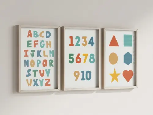 Kit 3 Quadros Decorativo Moldura Alfabeto Números Formas
