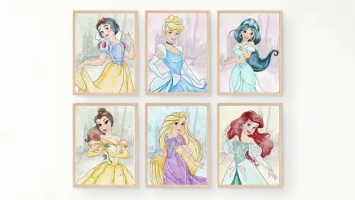 Kit 6 Quadros Decorativos Moldura Princesas A4