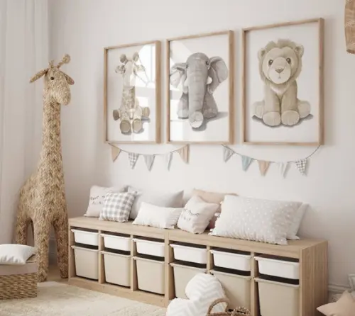 Kit 3 Quadros Decorativos Moldura Bebe Safari Animal A3