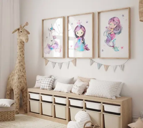 Kit 3 Quadros Moldura Unicórnio Princesa Sereia A3